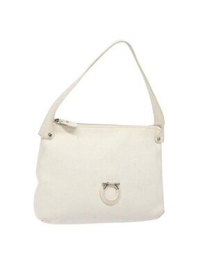 Authentic Salvatore Ferragamo Gancini Shoulder Bag Leather White Silver